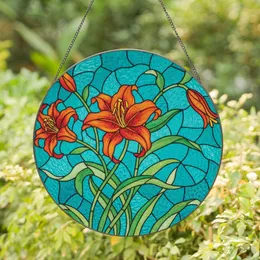 Stained Glass Art Lovers' Tiffany Style Fiery Orange-Red Lily Teal-Turquoise Mosaic Pattern Stained Glass Suncatcher