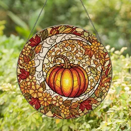 Autumn Lovers' Tiffany Stained Glass Luminous Pumpkin Iridescent Crescent Moon Amber Floral Mosaic Stained Glass Suncatcher