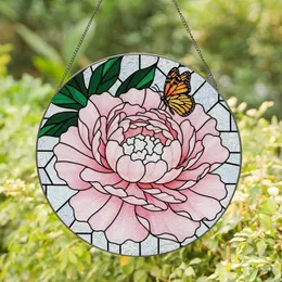 Art Lovers' Intricate Glowing Tiffany Stained Glass Peony Monarch Butterfly Pink Orange Green Mosaic Stained Glass Suncatcher