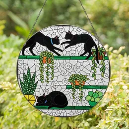 Cat Lovers' Tiffany Style Stained Glass Black Cats with Potted Plants Jewel Tone Mosaic Art Stained Glass Suncatcher