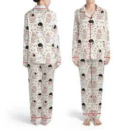 Bookish Cat Lover's Whimsical Feline & E-Reader Print Satin Lounge Set Satin Pajamas Set