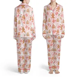 Women's Gingerbread Men Houses Pattern, Pink Poinsettia, Snowy Pine, Candy Cane Sleep Set Satin Pajamas Set