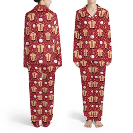 Christmas Red Snowflakes Muscular Torso Peach Tan Skin Red Tie Gold Buckle Print Satin Pajamas Set