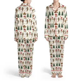 Red Green Brown White Santa Claus Tree Saguaro Cowboy Hat Candy Cane Snowflake Pattern Satin Pajamas Set