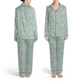 Seamless Botanical Pattern: Flat White Stylized Leaves Stems Blossoms Sage Green Satin Pajamas Set