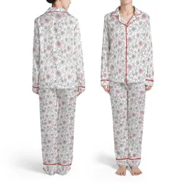 Hand-Sketched Rose Blossom Pattern: Off-White Field, Charcoal Outlines, Blush Pink Petals Satin Pajamas Set