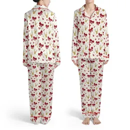 Unisex Creamy White Scattered Deep Red Bows Gold-Tan Reindeer Thin Outlines Holly Stars Satin Pajamas Set