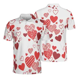 Red Heart Pattern: Mixed Shapes Stripes Dots Scribbles on White Textile Ground Men's Polo Shirt (Lightweight)