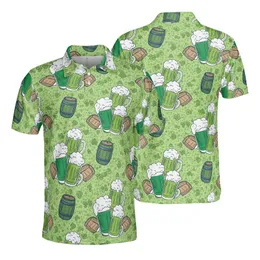 Beer Lover's Repeating Green Beer Glass Barrel Sketchy Outline Frothy Clover Mosaic Pattern Men's Polo Shirt (Lightweight)