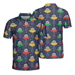 Flying Saucer Cat Light Beam Pattern Navy Polka Dot Multi-Color Stars Textile Print Men's Polo Shirt (Lightweight)