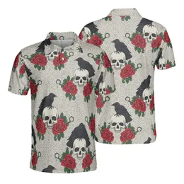 Stylized Skull Raven Design, Deep Red Roses & Dark Green Thorny Leaves, Beige Textile Pattern Men's Polo Shirt (Lightweight)