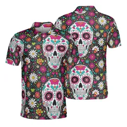 Dia de los Muertos Fan: Ornate Sugar Skulls, Daisy, Starburst Flowers, Heart Mosaic Garment Surface Men's Polo Shirt (Lightweight)