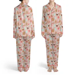 Women's Cozy Muted Pink Gingerbread Sleep Set: Festive Cookie, Holly & Candy Cane Print Satin Pajamas Set