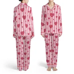 Ladies Personalized Pastel Rose Pink Vertical Stripe All-Over Heart Print Long Jersey Sleep Set Satin Pajamas Set