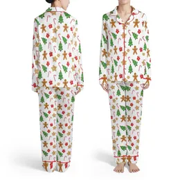 Family Matching Long Sleeve Sleep Set: Whimsical Gingerbread & Christmas Pattern - Soft Polyester Spandex Satin Pajamas Set