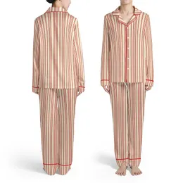 Family Christmas: Cream & Red Triple Vertical Stripe Polyester Spandex Pajamas Set Satin Pajamas Set