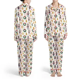 Nutcracker Gingerbread Wreath Christmas Repeating Pattern: Candy Cane Candle Golden Tree Satin Pajamas Set