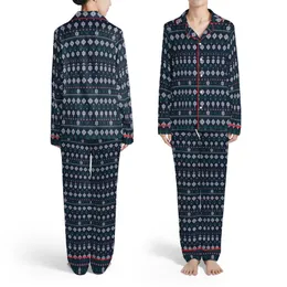Traditional Fair Isle Intricate Bands Snowflake Diamond Evergreen Reindeer Nordic Pattern Satin Pajamas Set