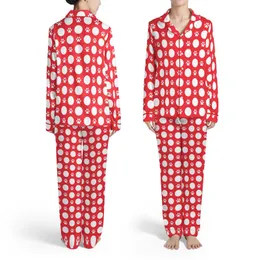 Dog Lover All-Over Red White Circular Polka Dot Dog Paw Pattern Design Satin Pajamas Set