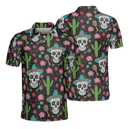 Decorated Sugar Skull Sombrero Saguaro Prickly Pear Maraca Lotus Star Flower Mosaic Polo Men's Polo Shirt (Lightweight)