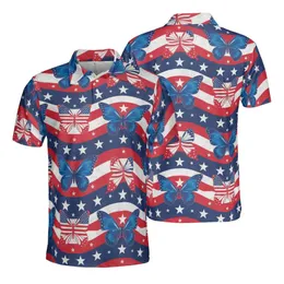 American Flag & Gradient Butterfly Wavy Stripe Blue Starfield Fabric Pattern Men's Polo Shirt (Lightweight)