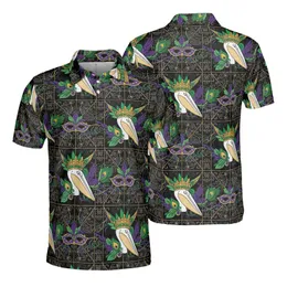 Mardi Gras Pelican Crown, Fleur-de-Lis & Feathered Hat Design: Gold Mosaic Accents Men's Polo Shirt (Lightweight)