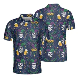 Skull Jester Hat Masquerade Beer Mug Purple Green Gold Ribbon Sphere Textile Pattern Men's Polo Shirt (Lightweight)