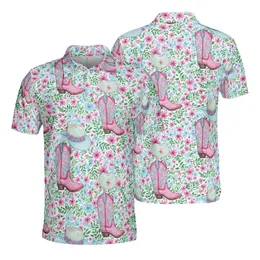 Western Floral Pattern: Pink Blue Boots Hats Daisy Seamless Full Coverage Print Men's Polo Shirt (Lightweight)
