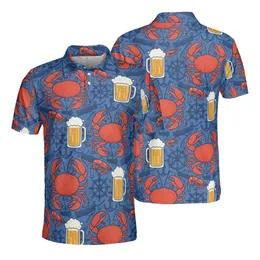 Crab Lobster Beer Glass, Red-Orange Golden Ship Wheel Anchor Textile Pattern Men's Polo Shirt (Lightweight)