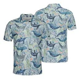Humpback Orca Sperm Blue Whale Watercolor Aquatic Plant Mosaic Fabric Print in Teal Grey Beige Men's Polo Shirt (Lightweight)