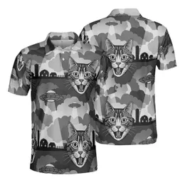 Startled Tabby Cat Wide Eyes UFO Beams | Farm Silhouettes | Black White Greys Pattern Men's Polo Shirt (Lightweight)