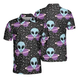 Alien Planet Light Blue Alien Heads Purple Planets Detailed Galaxy Edge-to-Edge Polo Men's Polo Shirt (Lightweight)