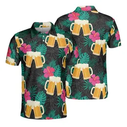 Golden Beer Steins Froth Tropical Hibiscus Palm Leaf Dark High Contrast Design Men's Polo Shirt (Lightweight)