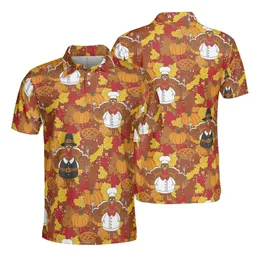 Thanksgiving Chef Pilgrim Turkey Pie Design, Autumn Maple Oak Leaves Sporty Print Men's Polo Shirt (Lightweight)