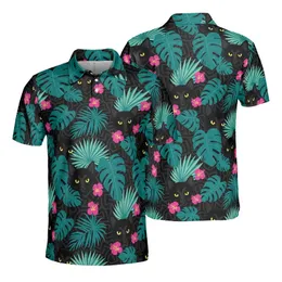 Seamless Edge-to-Edge Black Cat Golden Eye Tropical Leaf Hibiscus Fabric Print Teal Aqua Pink Men's Polo Shirt (Lightweight)