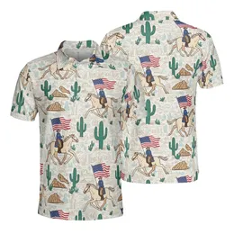 Cowboy American Flag Horse Polo: Desert Cactus, Mesas & Trails Seamless Pattern Men's Polo Shirt (Lightweight)