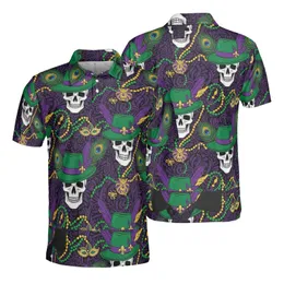 White Skull Green Fedora Gold Fleur-de-lis Peacock Feather Mardi Gras Bead Fabric Pattern Men's Polo Shirt (Lightweight)