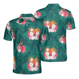 Baseball Enthusiast Flaming Baseball Glowing Streak Hibiscus Palm Frond Mosaic Design Men's Polo Shirt (Lightweight)