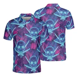Neon Blue Skulls Glowing Eyes, Cyan Swords, Palm Leaf Mosaic Edge-to-Edge Print Men's Polo Shirt (Lightweight)