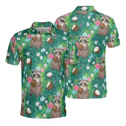 Raccoon Coconut Holding Lush Tropical Foliage Pink Hibiscus Blue Flower Print Men's Polo Shirt (Lightweight)