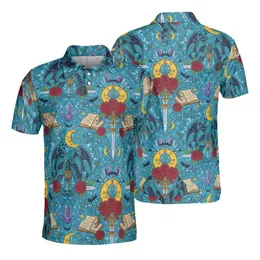 Teal Dragon, Ancient Book, Sword, Red Rose, Crescent Moon, Witch, Bat, Sun & Crystal Design Men's Polo Shirt (Lightweight)