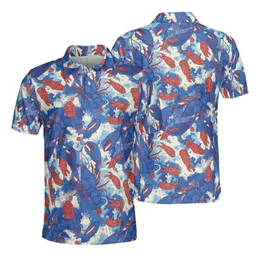 Blue Lobsters Red Tails: Detailed Claws Tie-Dye Swirl Intricate Textile Pattern Men's Polo Shirt (Lightweight)