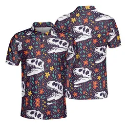 Sporty T-Rex Skull White Orange Yellow Bloom Teal Leaf Red Dot Pattern Design Men's Polo Shirt (Lightweight)