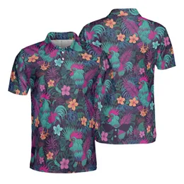Stylized Roosters Retro Sunglasses Magenta Comb Tropical Hibiscus Polo Pattern Men's Polo Shirt (Lightweight)