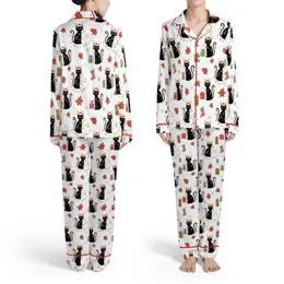 Matching Family Christmas Pajamas: Whimsical Black Cat, Poinsettia & Snowflake Design - Soft Poly Spandex Satin Pajamas Set