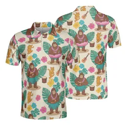 Bigfoot Hawaiian Ukulele Hula & Flamingo Tropical Leaf Conga Cat Full Coverage Print Men's Polo Shirt (Lightweight)