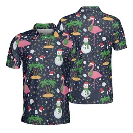 Pink Flamingo Santa Hat Snowman Palm Tree Christmas Tree Navy Star Snowflake Print Men's Polo Shirt (Lightweight)