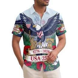 USA 250th Anniversary Patriotic Bald Eagle Liberty Bell Tropical Hibiscus Design Short-sleeve Hawaiian Shirt