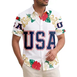USA 250th Anniversary Patriotic Collegiate | Hawaiian Hibiscus Gold Scrollwork Border Short-sleeve Hawaiian Shirt