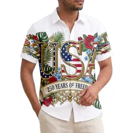 USA 250th Birthday Americana Letters, Crimson Roses, Stars, Gold Freedom Scroll Short-sleeve Hawaiian Shirt